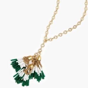 J.Crew long gold necklace With green and white Color beaded tassels